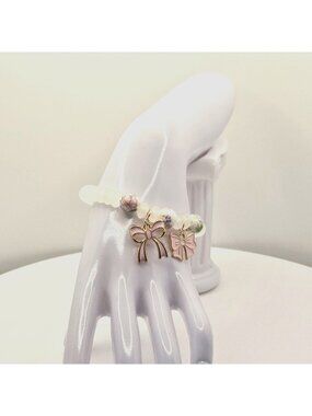 Pink Bow Bracelet, Coquette Charm Bracelet, Floral Beaded Bracelet, Cute Stretch